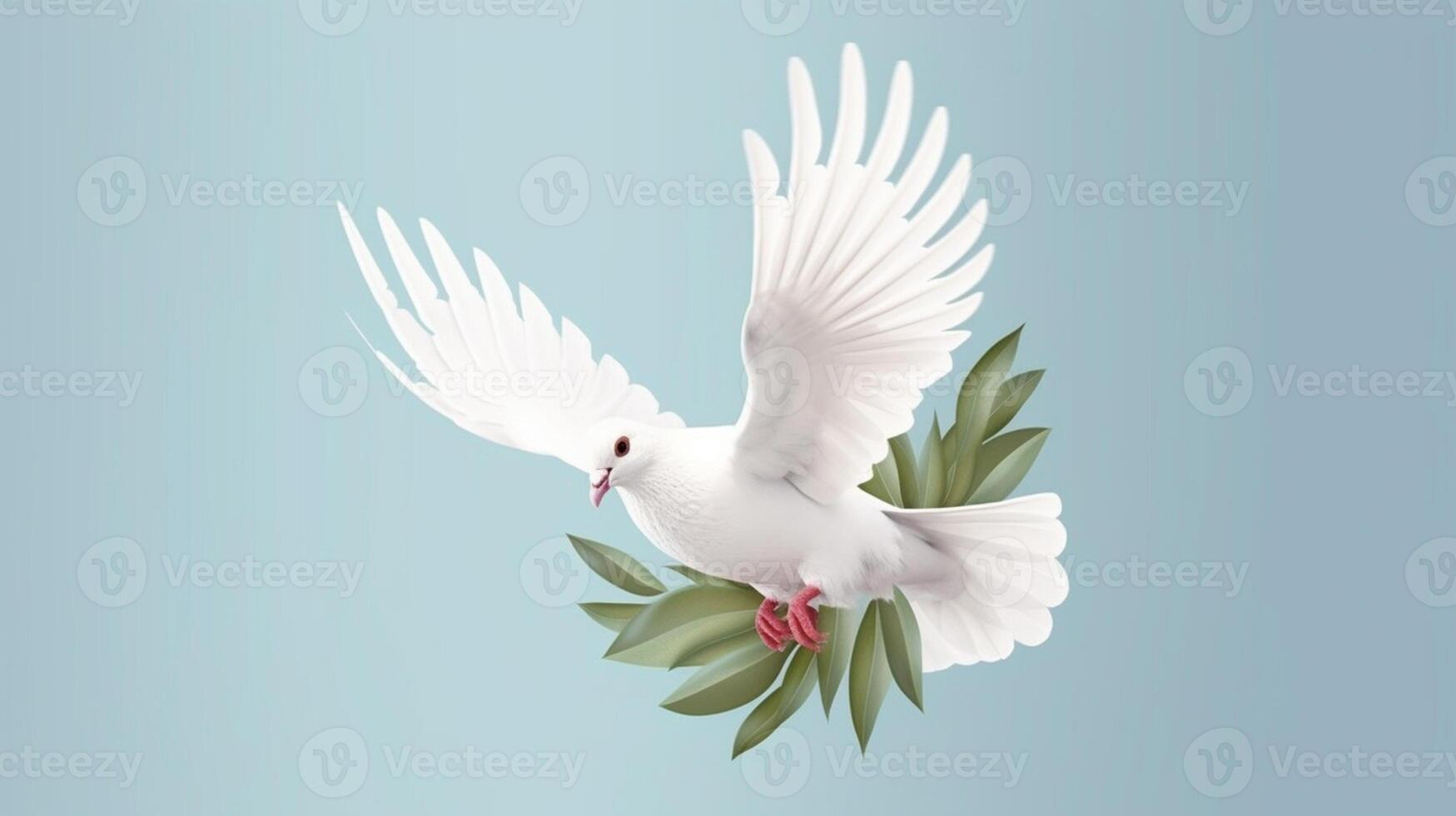 White dove with olive branch on blue background. International Peace Day Concept, photo