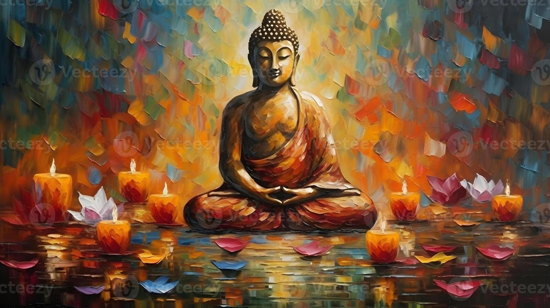 oil painting of buddha statue with lotus flower and candle ornament , photo