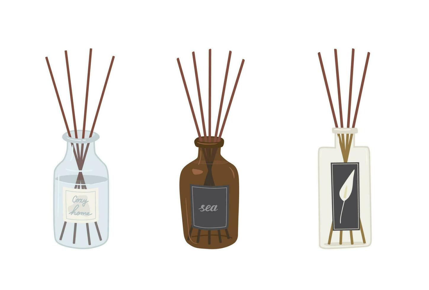 Set of diffuser bottles with aroma sticks isolated on white background. Aromatherapy hand draw vector illustration. Cozy home.