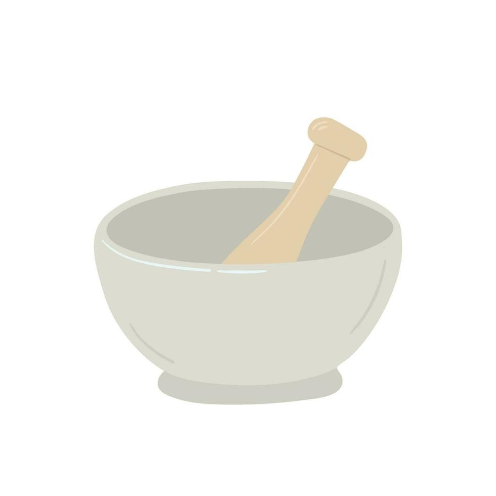 Mortar and pestle flat vector illustration. Kitchen pounder and bowl isolated on white background.