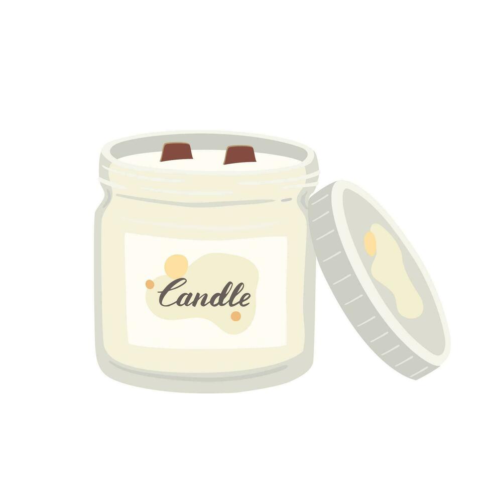 Hand drawn scented wax candle in a glass jar with cap isolated on white background. Home aromatherapy vector illustration. Relaxation and spa