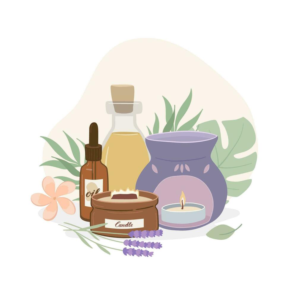 composición con aroma lámpara, perfumado vela, esencial aceite, aromaterapia accesorios y hierbas en blanco antecedentes. spa, relajación y belleza plano vector ilustración