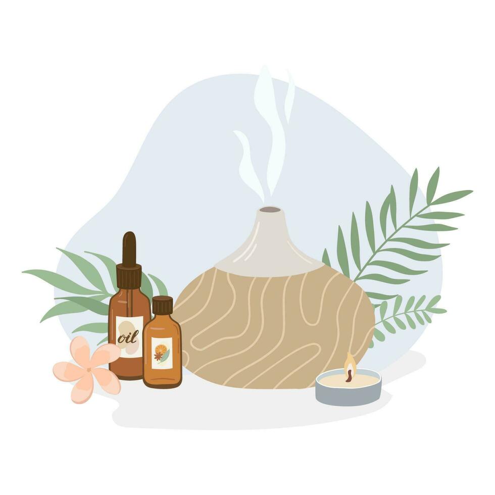 Composition  with essential oil, aromatherapy accessories and herbs. Aroma lamp flat vector illustration on white background.