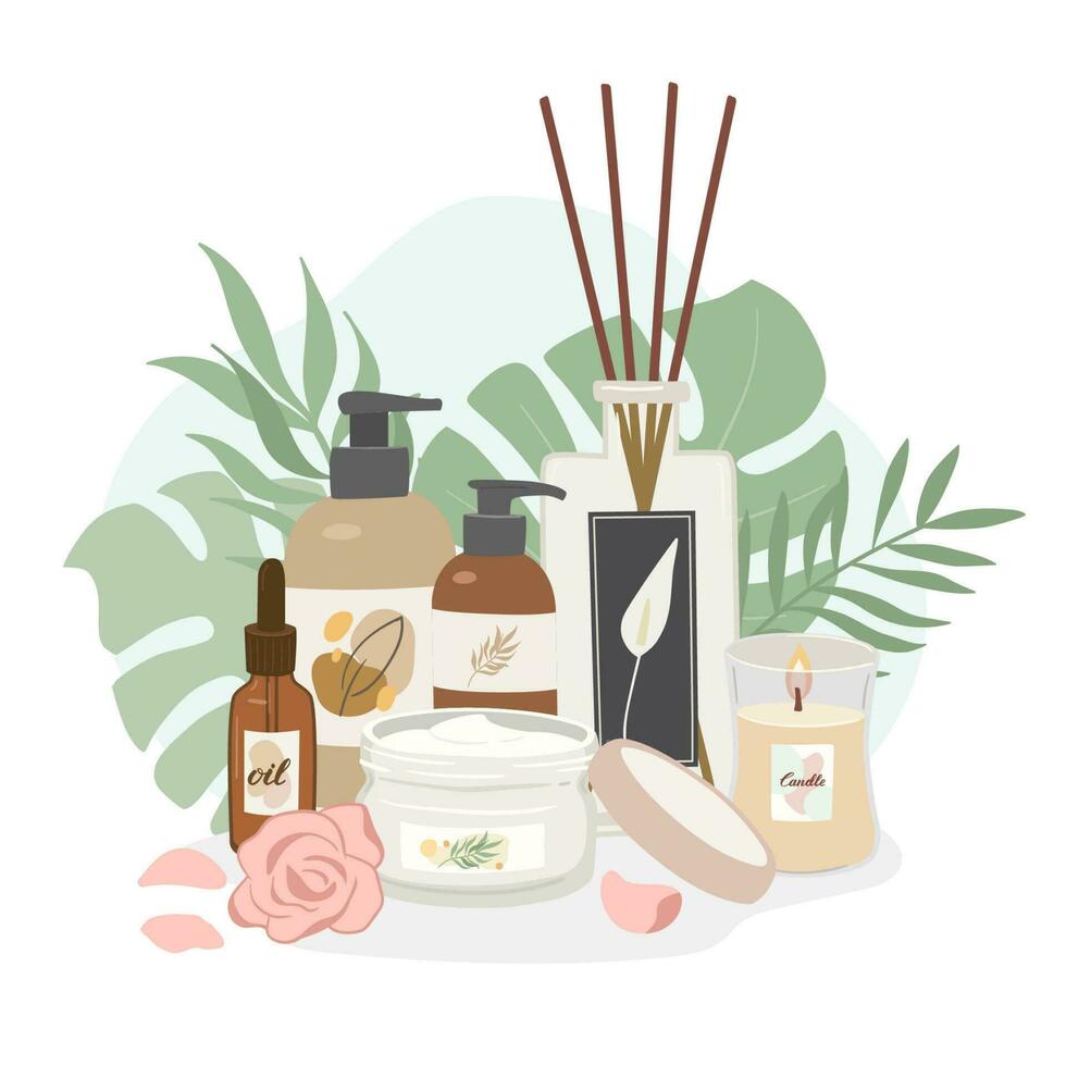 Natural beauty products decorated with tropical leaves on white background. Concept of simple skincare, bodycare and spa vector illustration.