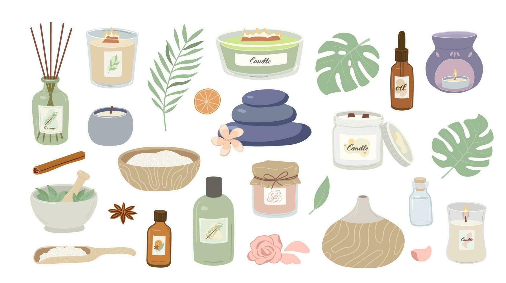 colección de aromaterapia y spa accesorios aislado en blanco antecedentes. perfumado velas, aroma difusor con palos, lámpara, masaje piedras, esencial aceite, sal y hierba vector ilustración