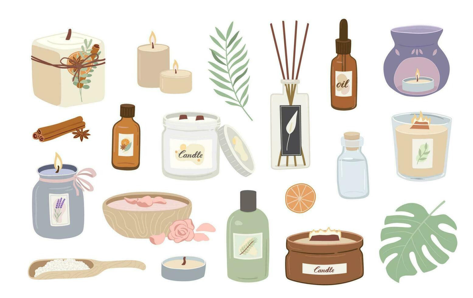 Collection of aromatherapy and spa accessories isolated on white background. Scented candles, aroma diffuser with sticks, lamp, essential oil, sea salt and rose hand draw vector illustration.