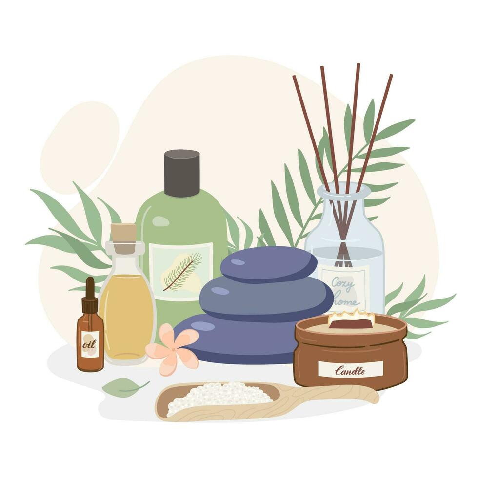 spa, masaje, aromaterapia accesorios, esencial aceites, velas vector ilustración. productos cosméticos, accesorios para relajación, piel cuidado elementos en blanco antecedentes.