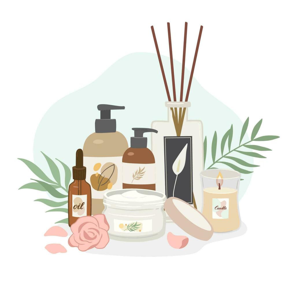 Natural beauty products decorated with tropical leaves on white background. Concept of simple skincare, bodycare and spa vector illustration.