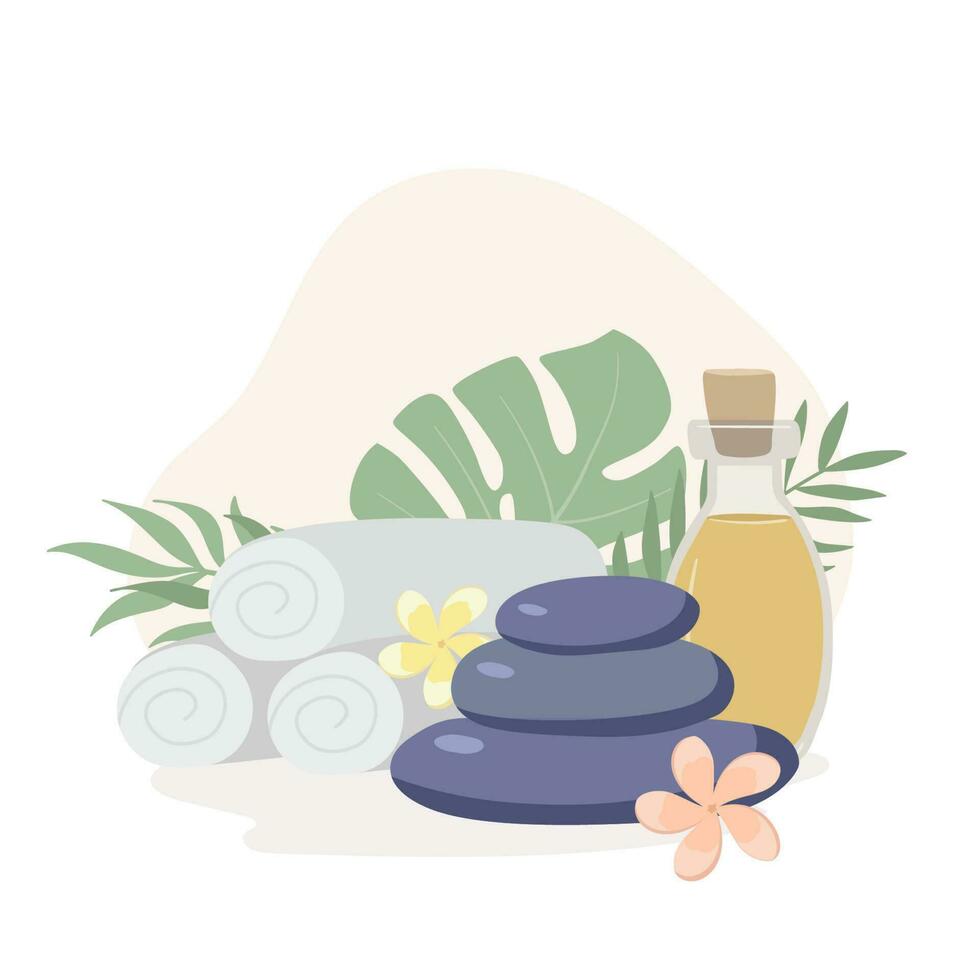 Composition with massage stones, essential oil and towels on white background. Beauty spa treatment and relax concept flat vector illustration.