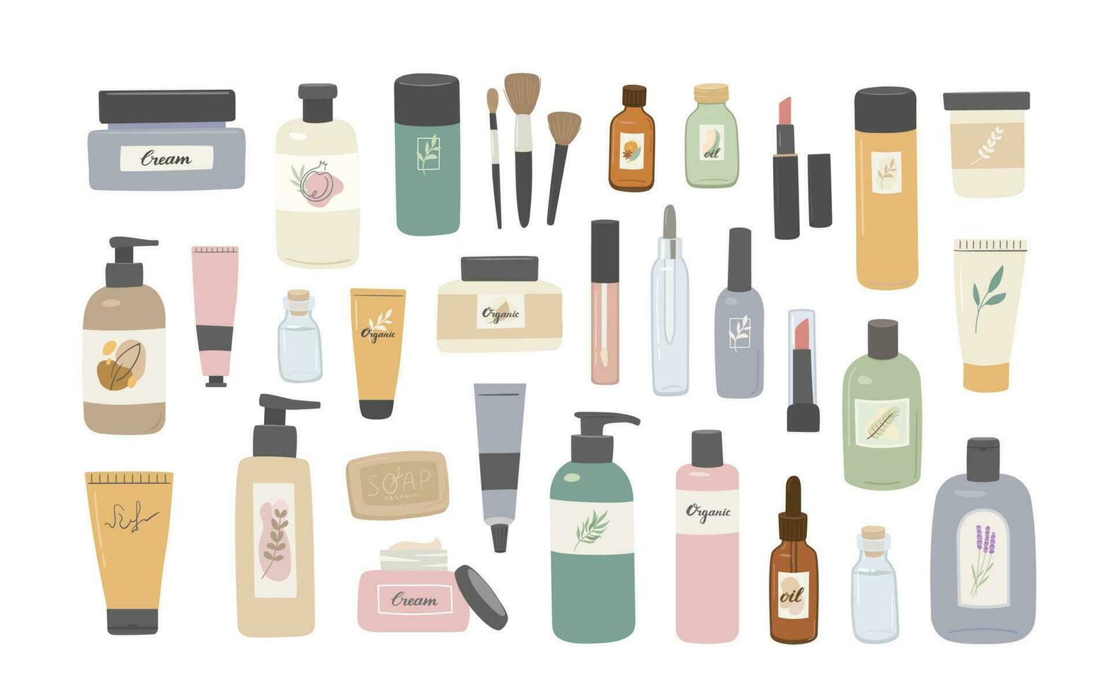 Set of beauty natural cosmetics in for skin, body and hair care on white background. Collection of organic cosmetics and makeup product. Cream, shampoo, serum, gel, lotion, oil, soap vector