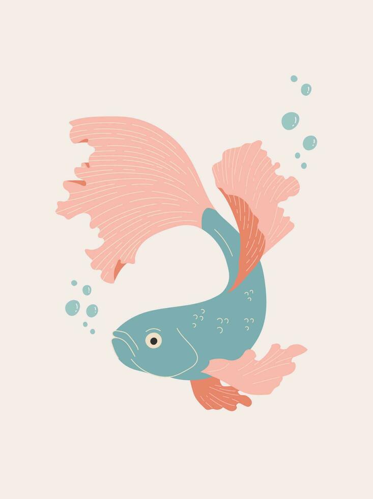 turquesa y rojo acuario Betta pescado vector ilustración. oriental póster diseño