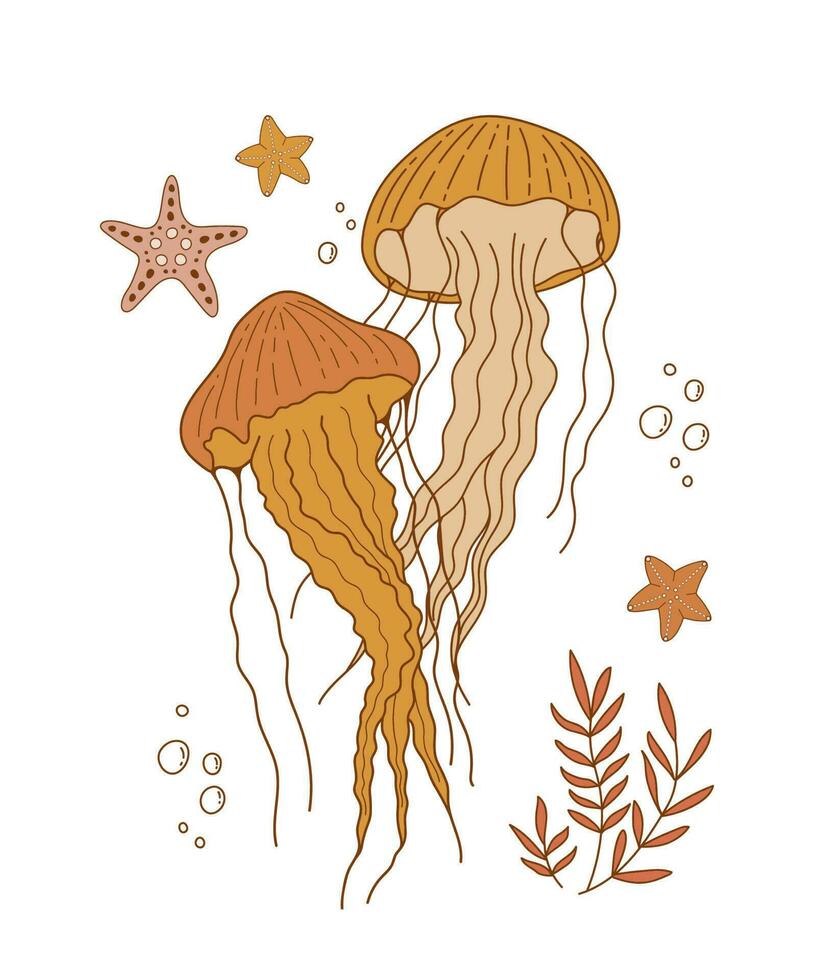 Jellyfish and sea stars vector outline illustration. Poster with medusa on white background. Undersea life