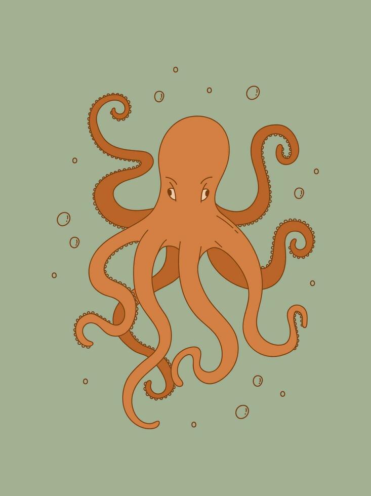 Hand drawn octopus vintage poster. Vector illustration of marine animal. Retro aquatic Kraken print