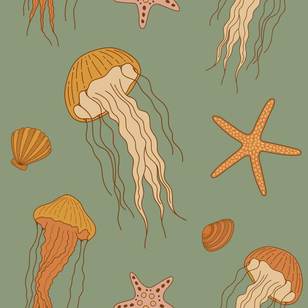 Seamless pattern with hand drawn jellyfish, shells and starfish on green background. Vintage sea life vector ornament. Underwater world illustration