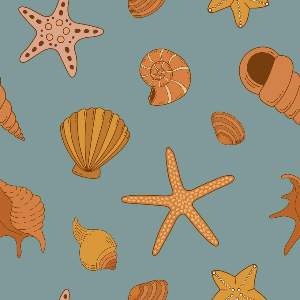 sin costura modelo con conchas y estrella de mar. Clásico mar vida vector ornamento. marina antecedentes. Perfecto para textil, invitaciones, envase papel. verano playa tema.