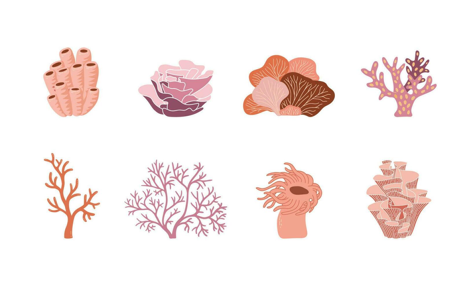 Trendy coral reef vector set. Underwater ocean flora flat icons. Water plants on white background.