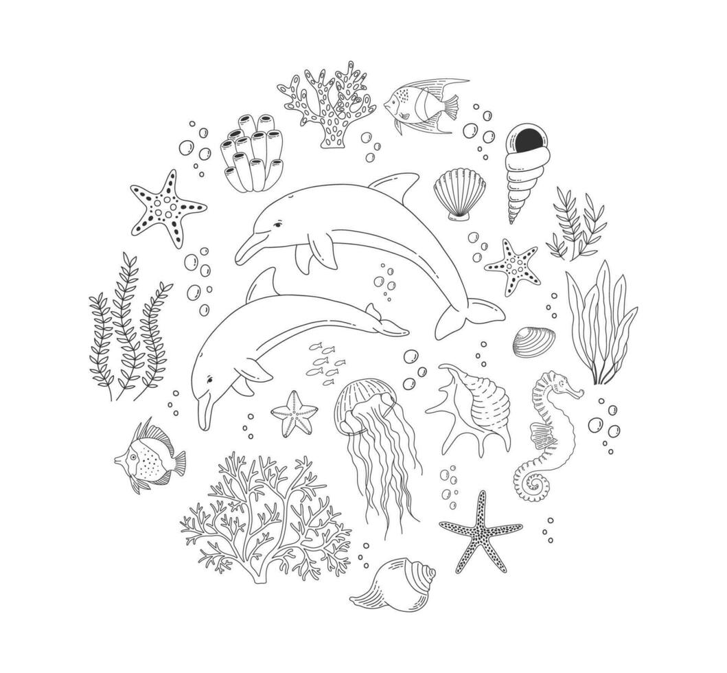 Set with hand drawn sea life elements. Beautiful underwater world in line style. Vector outline set of ocean objects. Fish, jellyfish, dolphins, shells, seaweed and corals. Nautical icons collection.