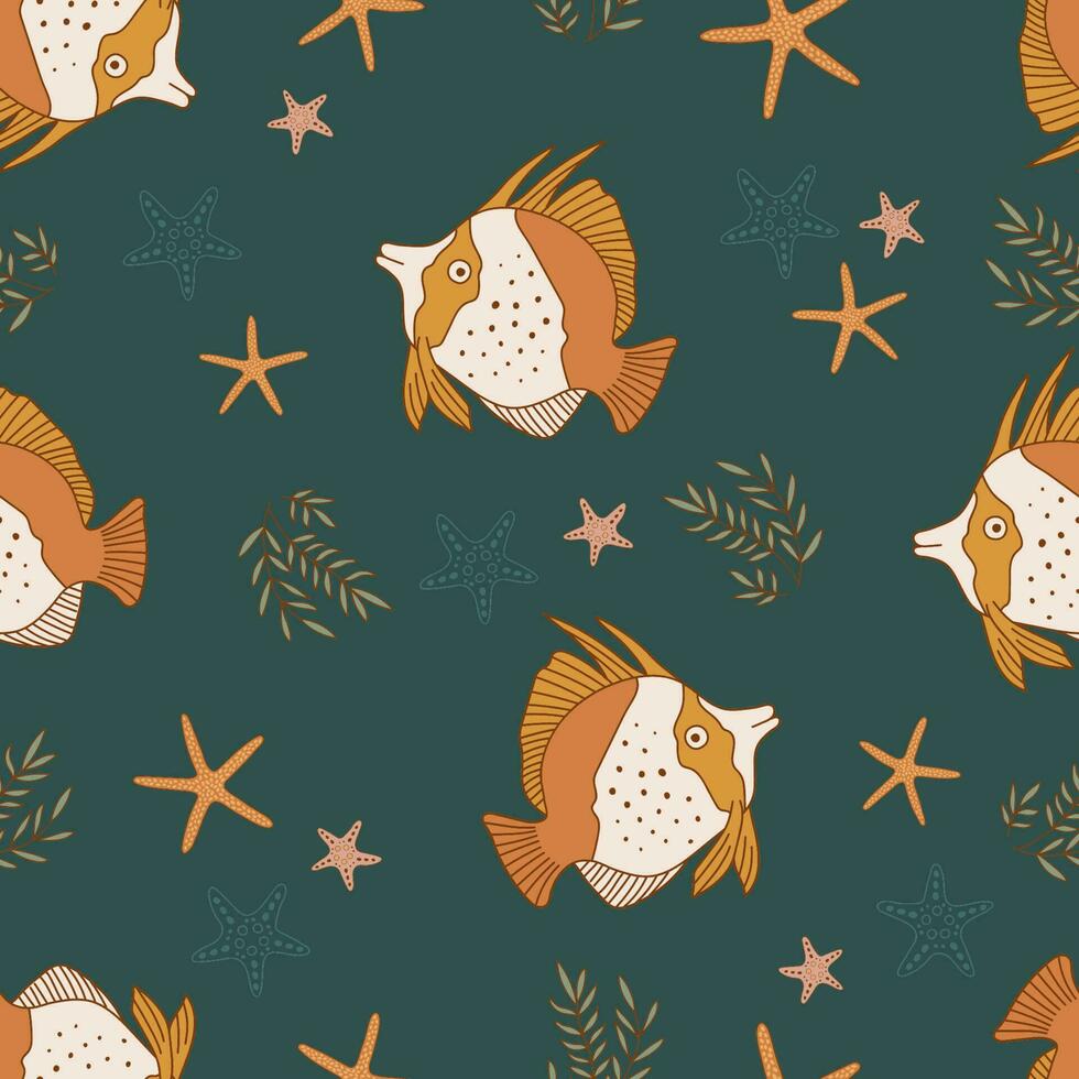 Marine Seamless Pattern with colorful fish and seastar. Under the sea ornament vector