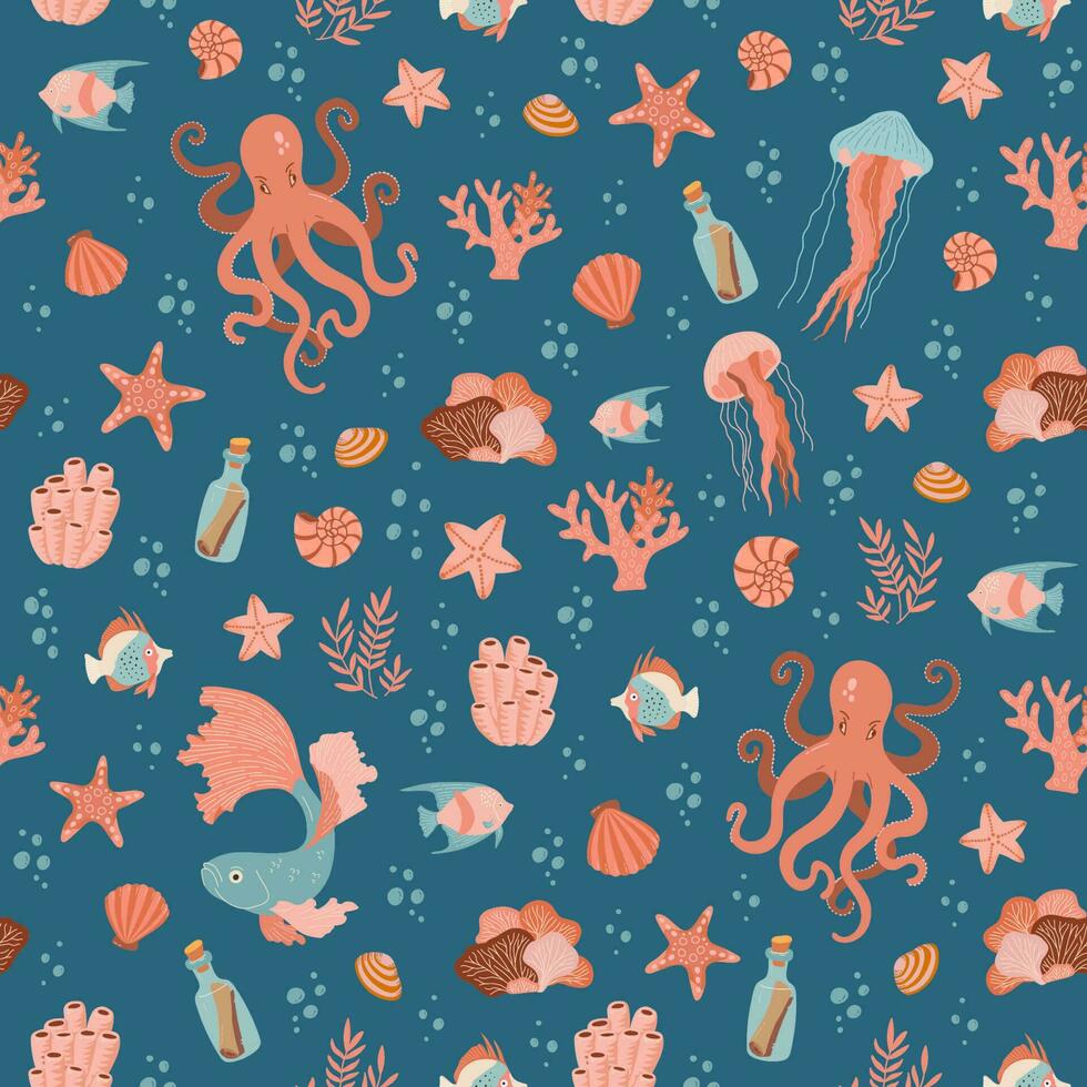 Seamless pattern with octopus, fish, jellyfish and shells on blue background.  Underwater world vector ornament.  Sea life summer illustration