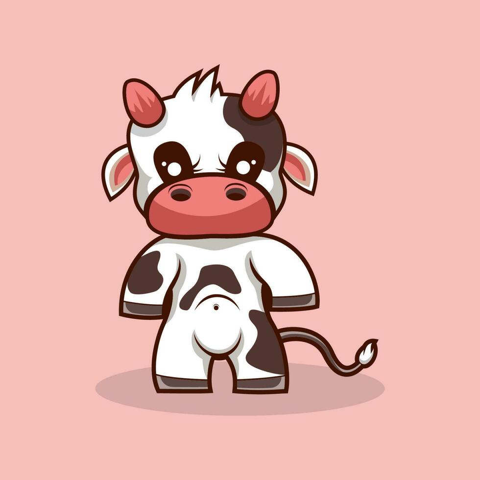 A cartoon cow with a cute face is standing on a pink background vector