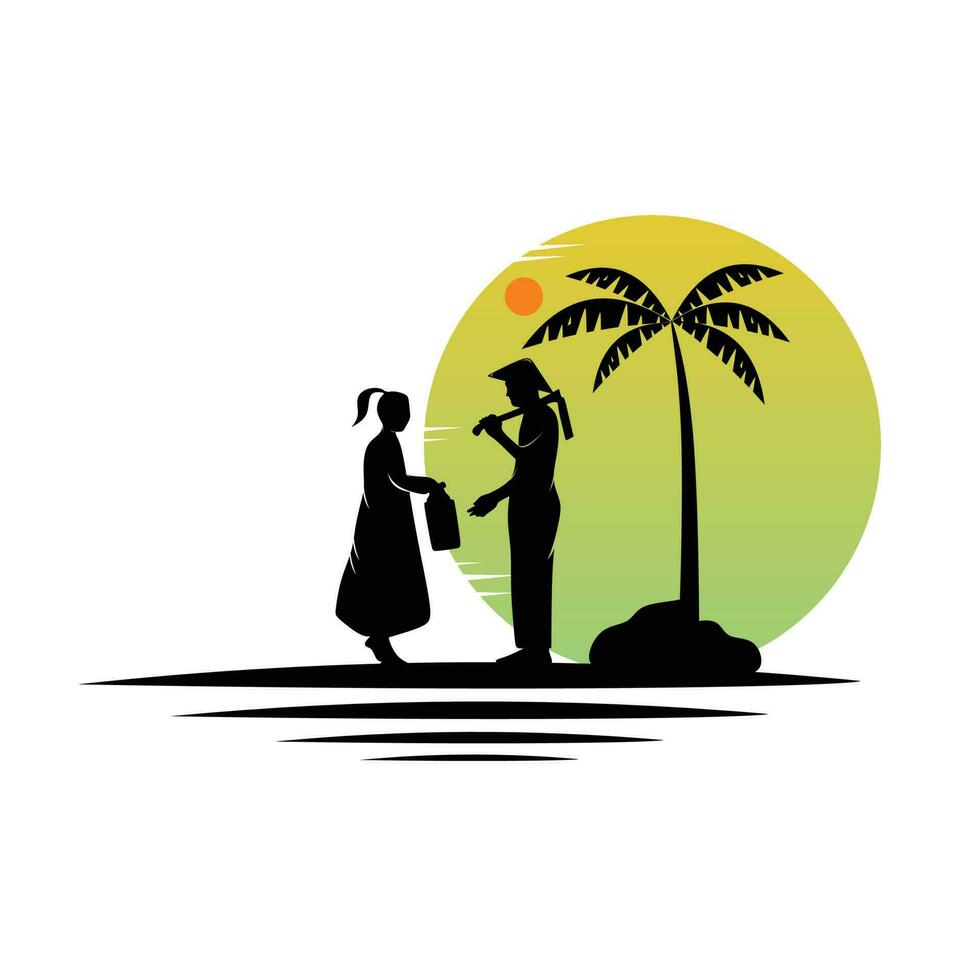 Silhouette of a farmer in a rice field illustration design vector