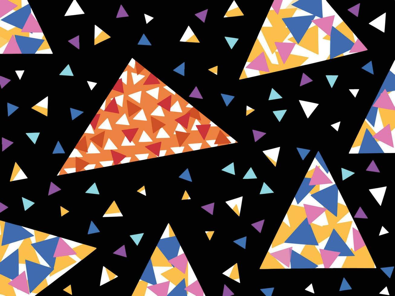 Black colored vector background with triangle colorful pop fun colored isolated on horizontal landscape template. Trendy and artsy simple flat art styled wallpaper backdrop for prints or poster.