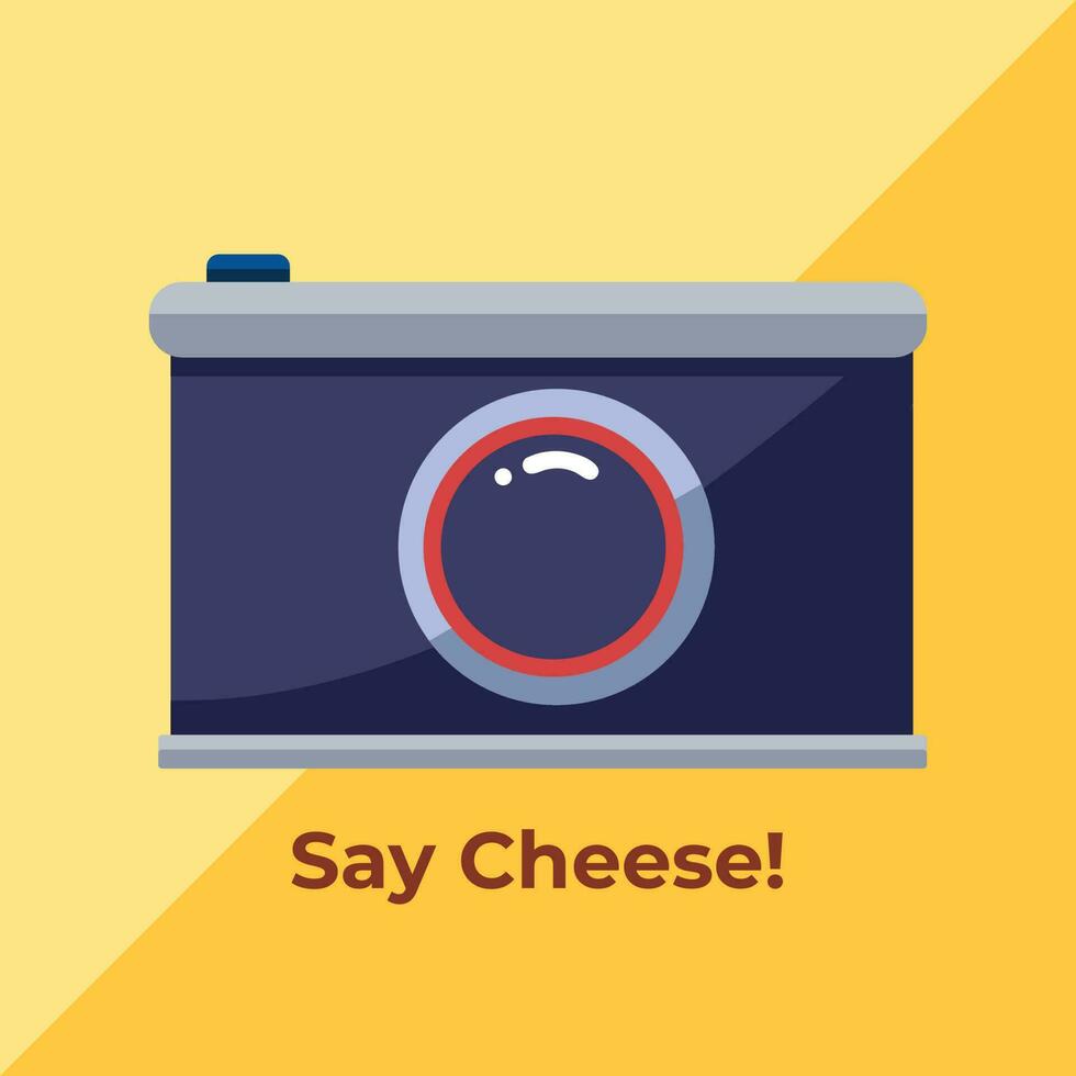 Digital Pocket Camera vector illustration with say cheese text isolated on square yellow template