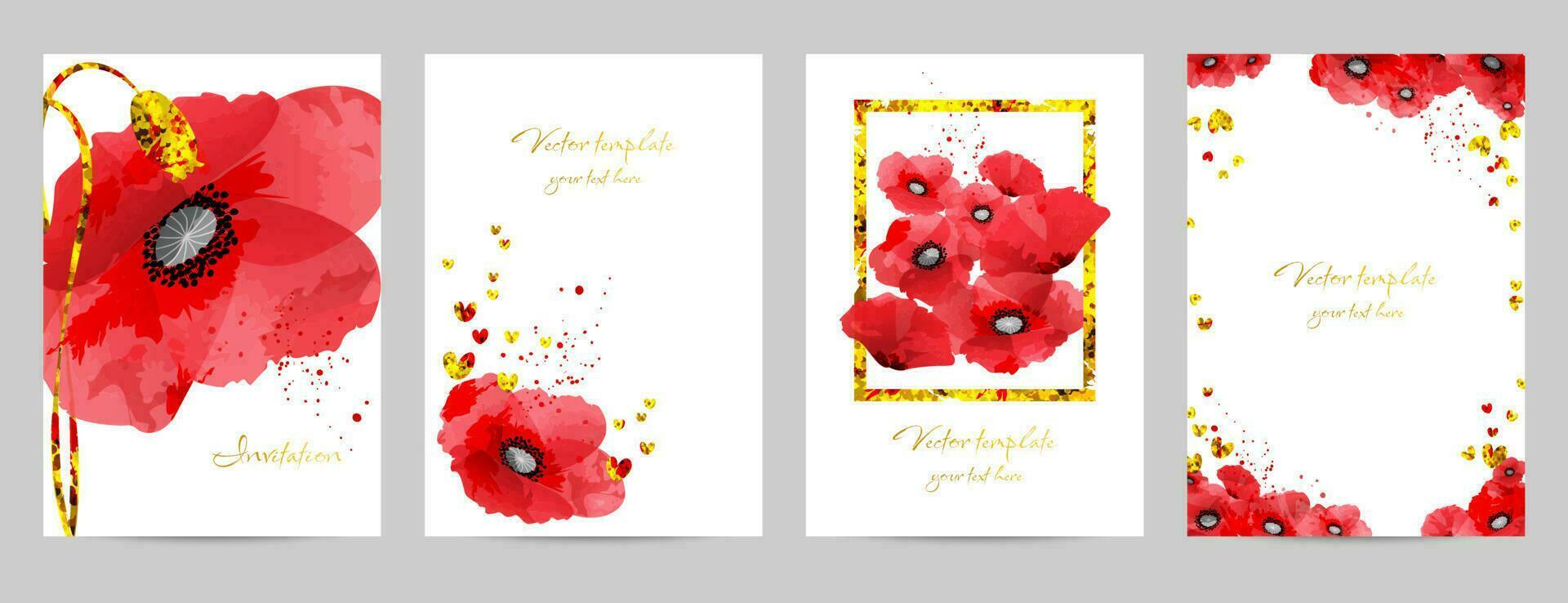 Luxury floral cover template. Background with red poppies and golden sparkles. Elegant watercolor design for banner, brochure, invitation. vector