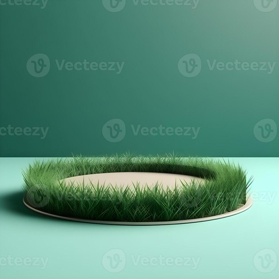 product display podium made of 3d grass with a simple minimalist style , photo