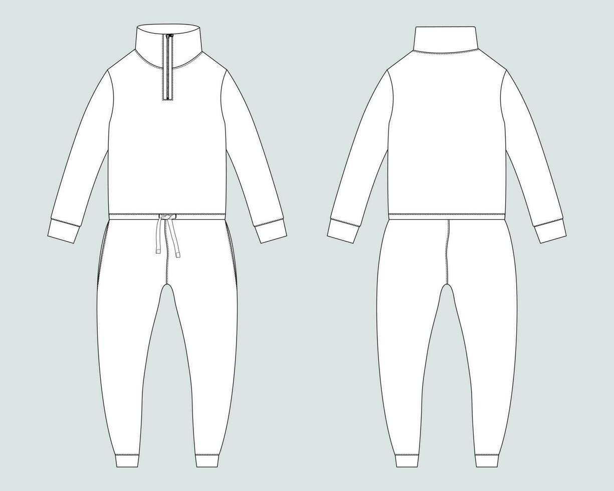 All in one bodysuit Jogger sweatpants with sweatshirt tops technical fashion flat sketch vector illustration template front and back views