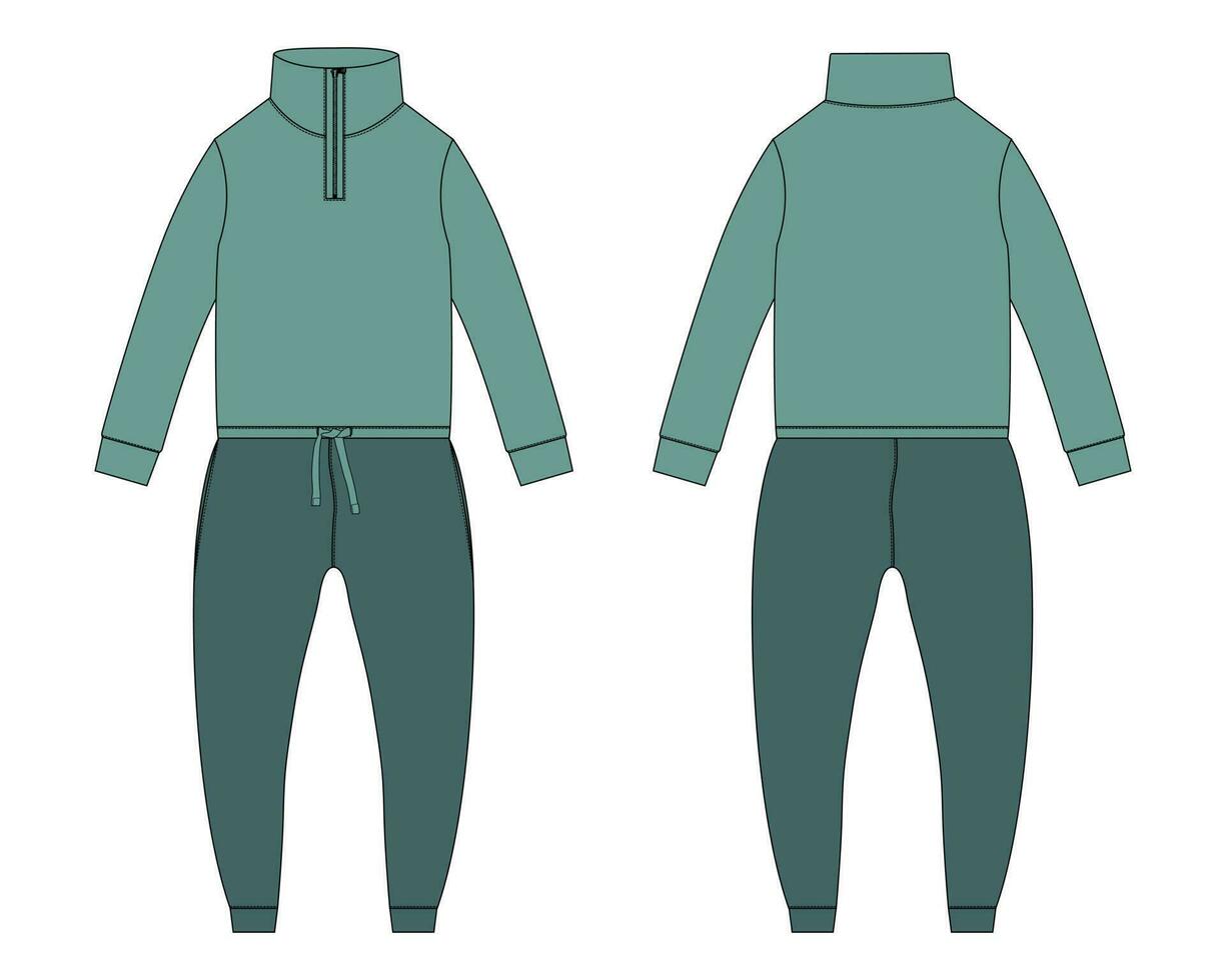 All in one bodysuit Jogger sweatpants with sweatshirt tops technical fashion flat sketch vector illustration template front and back views