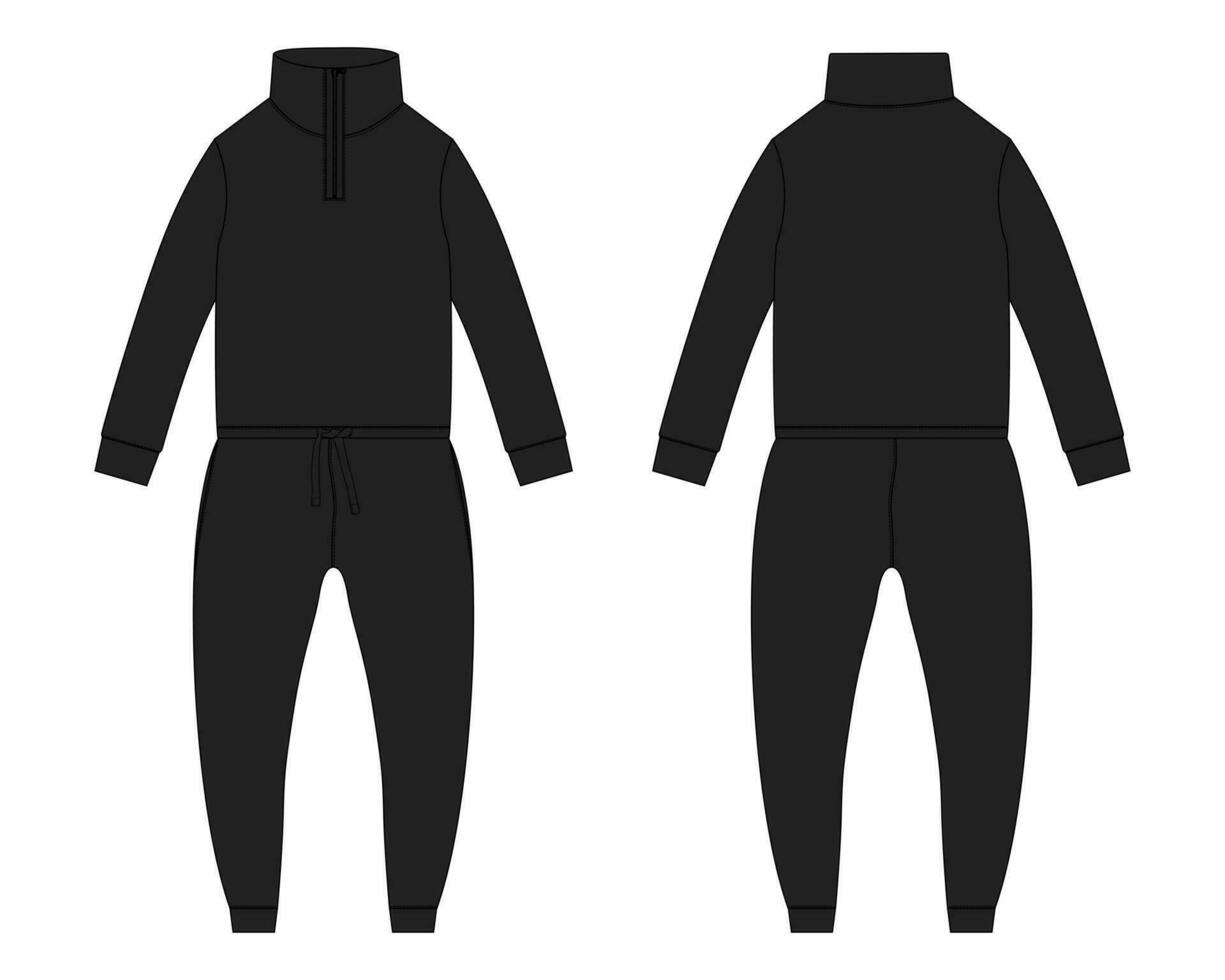 todas en uno traje persona que practica jogging pantalones deportivos con camisa de entrenamiento tapas técnico Moda plano bosquejo vector ilustración negro color modelo frente y espalda puntos de vista