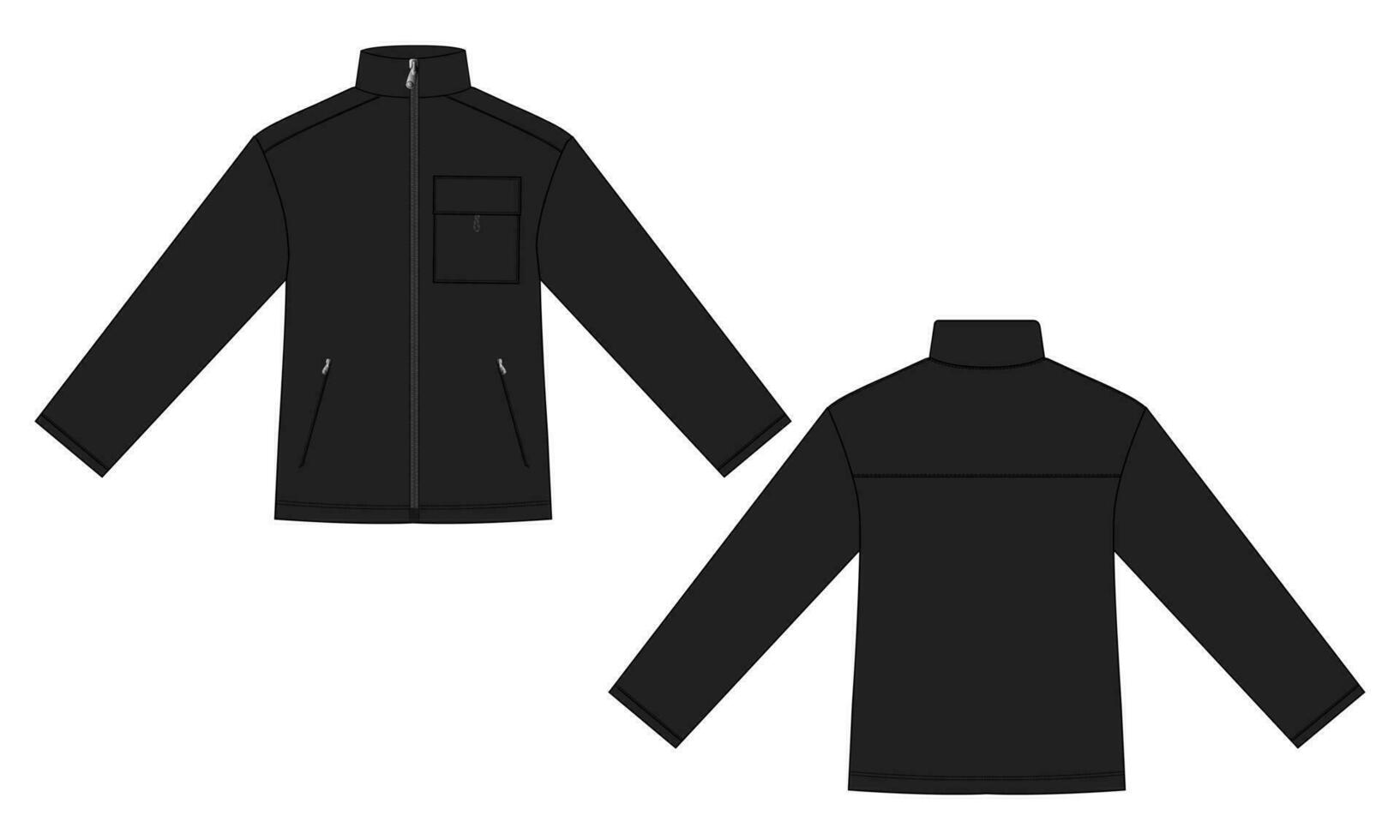 Long sleeve jacket with pocket and zipper technical fashion flat sketch vector illustration Black Color template front and back views. Fleece jersey sweatshirt jacket for men's and boys.