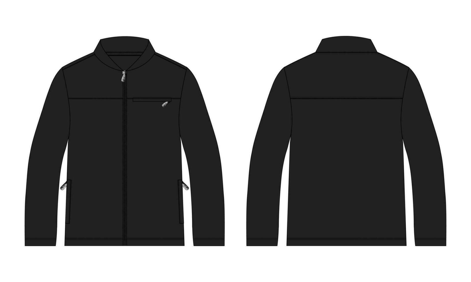 Long sleeve jacket with pocket and zipper technical fashion flat sketch vector illustration Black Color template front and back views. Fleece jersey sweatshirt jacket for men's and boys.