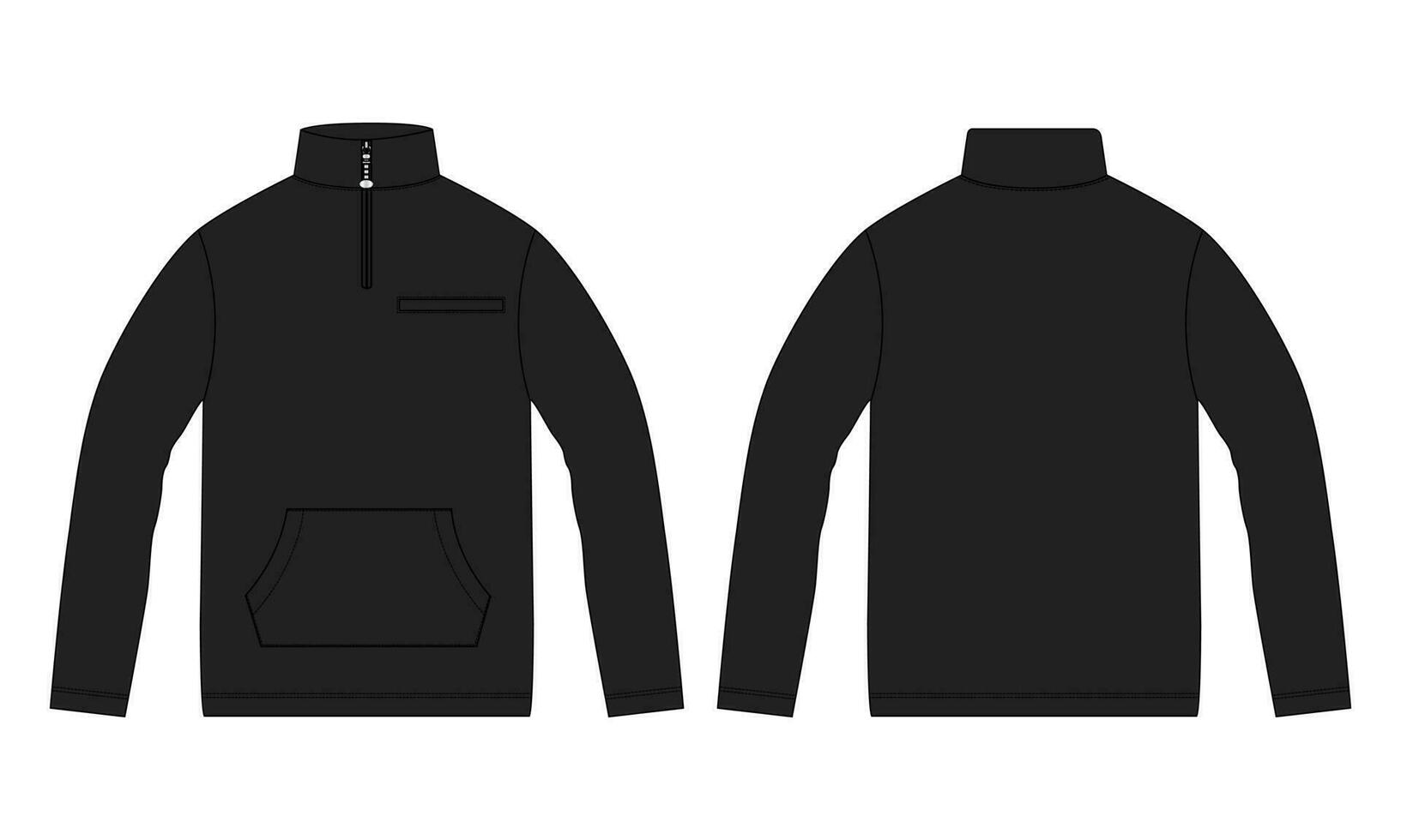 Long sleeve jacket with pocket and zipper technical fashion flat sketch vector illustration Black Color template front and back views. Fleece jersey sweatshirt jacket for men's and boys.
