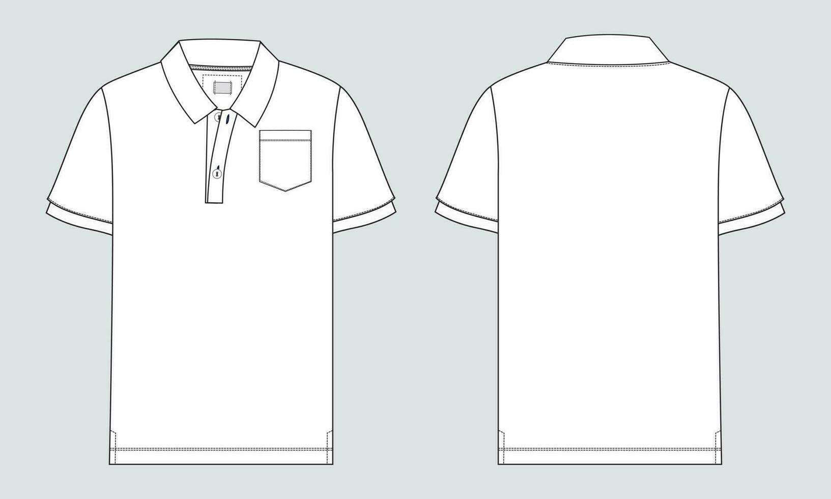 corto manga polo camisa en general técnico Moda dibujo plano bosquejo modelo frente y espalda ver vector