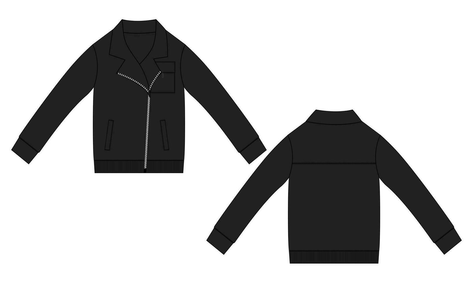 Fleece fabric coats jacket sweatshirt technical fashion flat sketch vector illustration template front and back view. Apparel Jacket Flat drawing vector black color  mock up