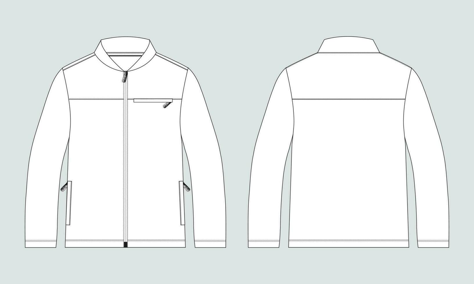 Long sleeve zipper with pocket tracksuits jacket sweatshirt technical fashion flat sketch vector illustration template front and back view.