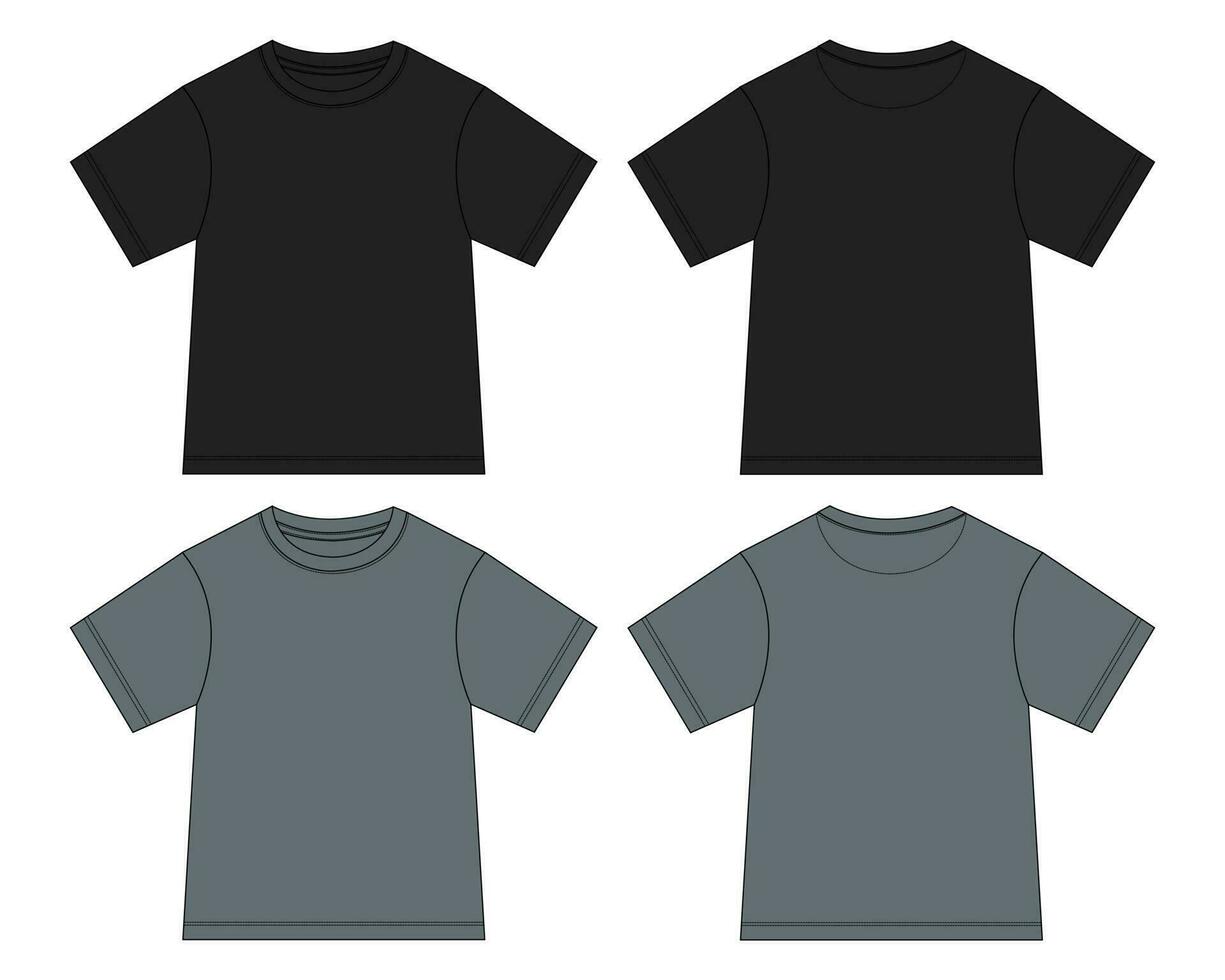 Baby boys t shirt technical drawing fashion flat sketch vector illustration black and grey color template front and back views. Apparel design mock up for kids isolated on white background
