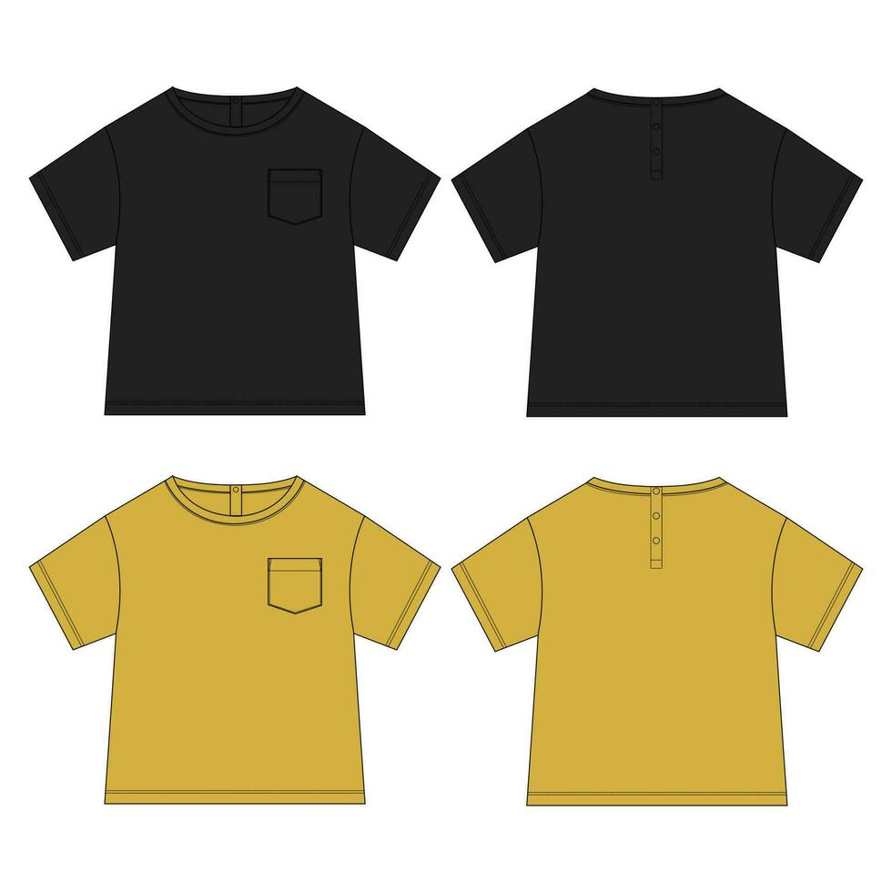 Baby boys t shirt technical drawing fashion flat sketch vector illustration black and yellow color template front and back views. Apparel design mock up for kids isolated on white background