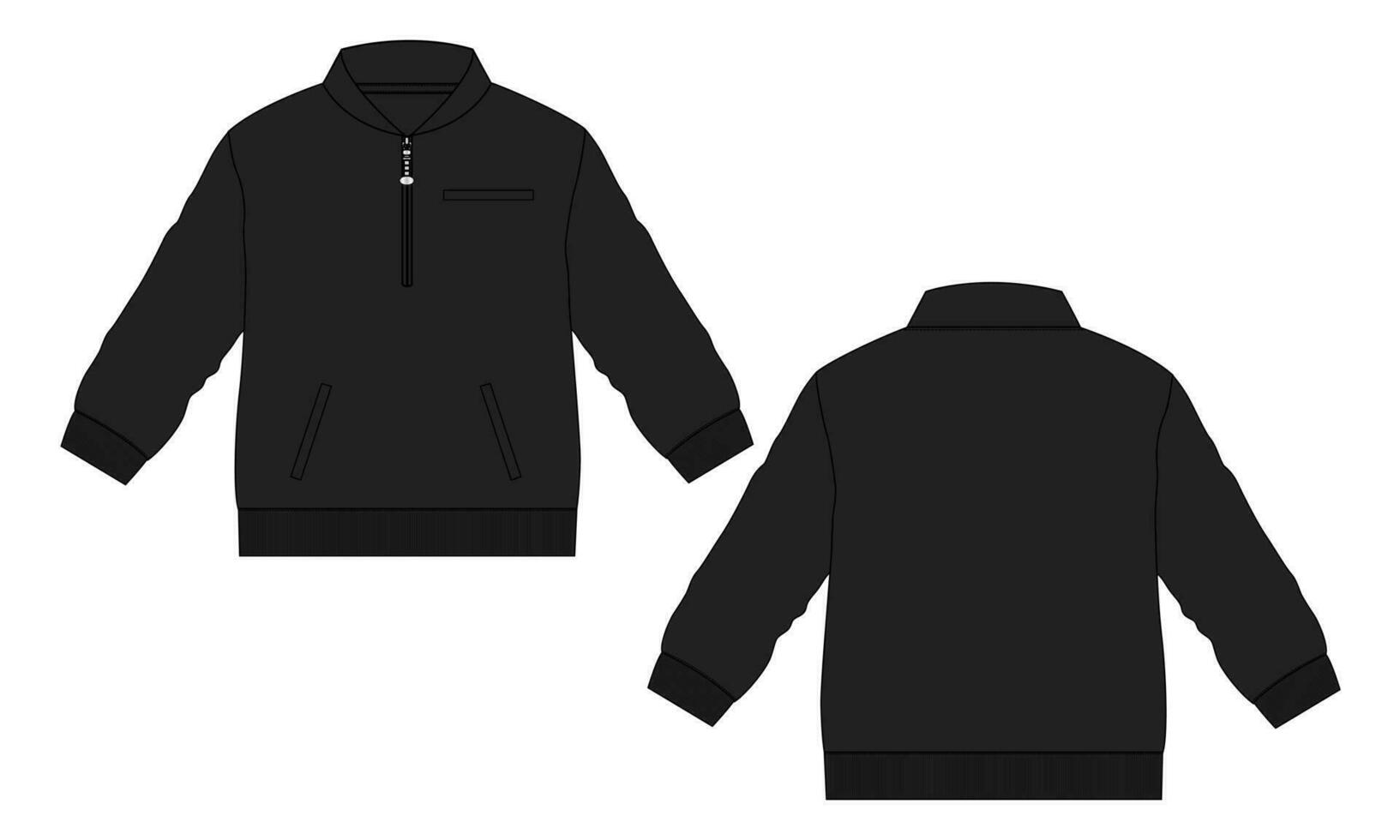 Long sleeve jacket with pocket and zipper technical fashion flat sketch vector illustration black color template front and back views. Fleece jersey sweatshirt jacket for men's and boys.