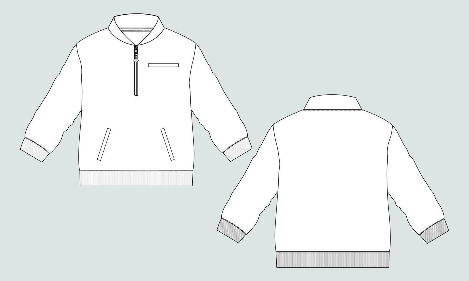 Long sleeve jacket with pocket and zipper technical fashion flat sketch vector illustration template front and back views. Fleece jersey sweatshirt jacket for men's and boys.