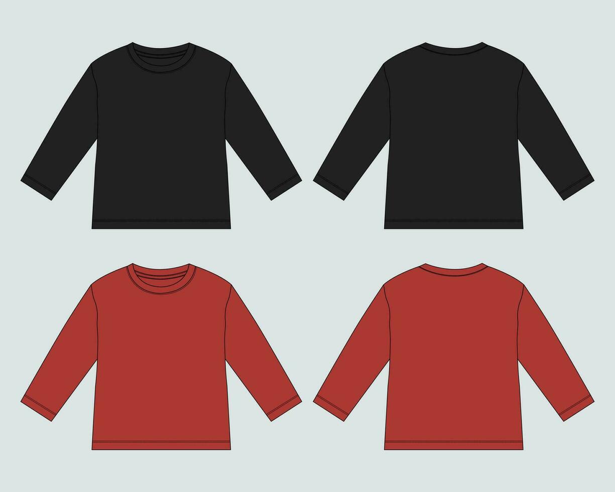 Long sleeve t shirt technical drawing Fashion flat sketch vector illustration black and red color Template Front and back views