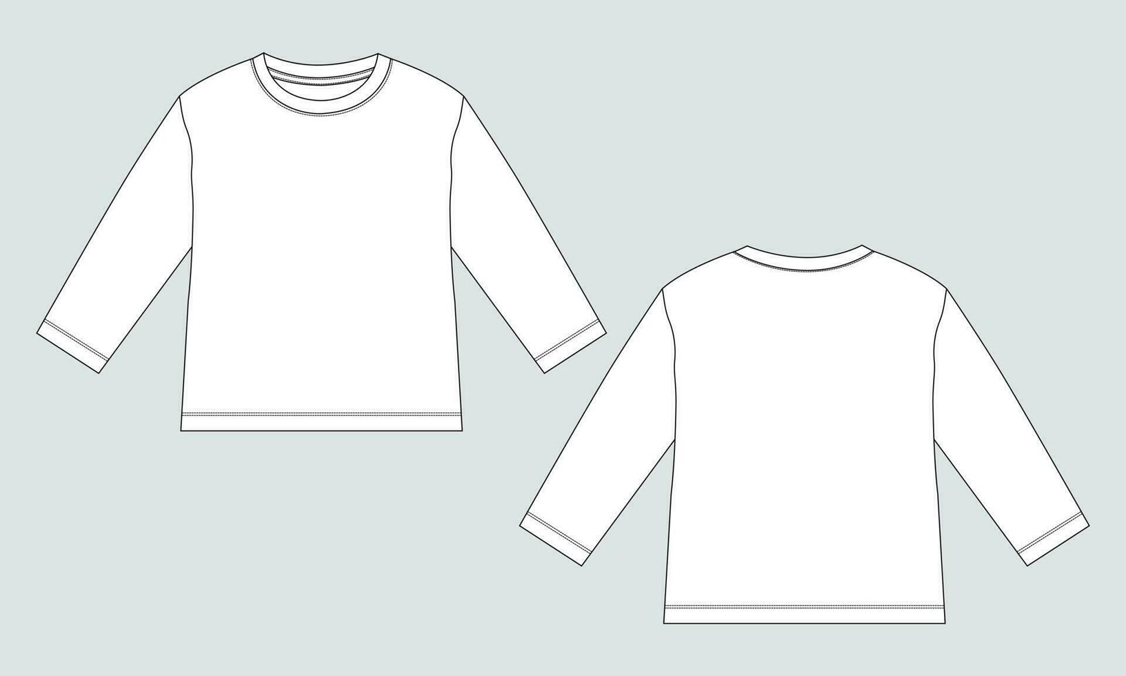Long sleeve t shirt technical drawing Fashion flat sketch vector illustration Template Front and back views