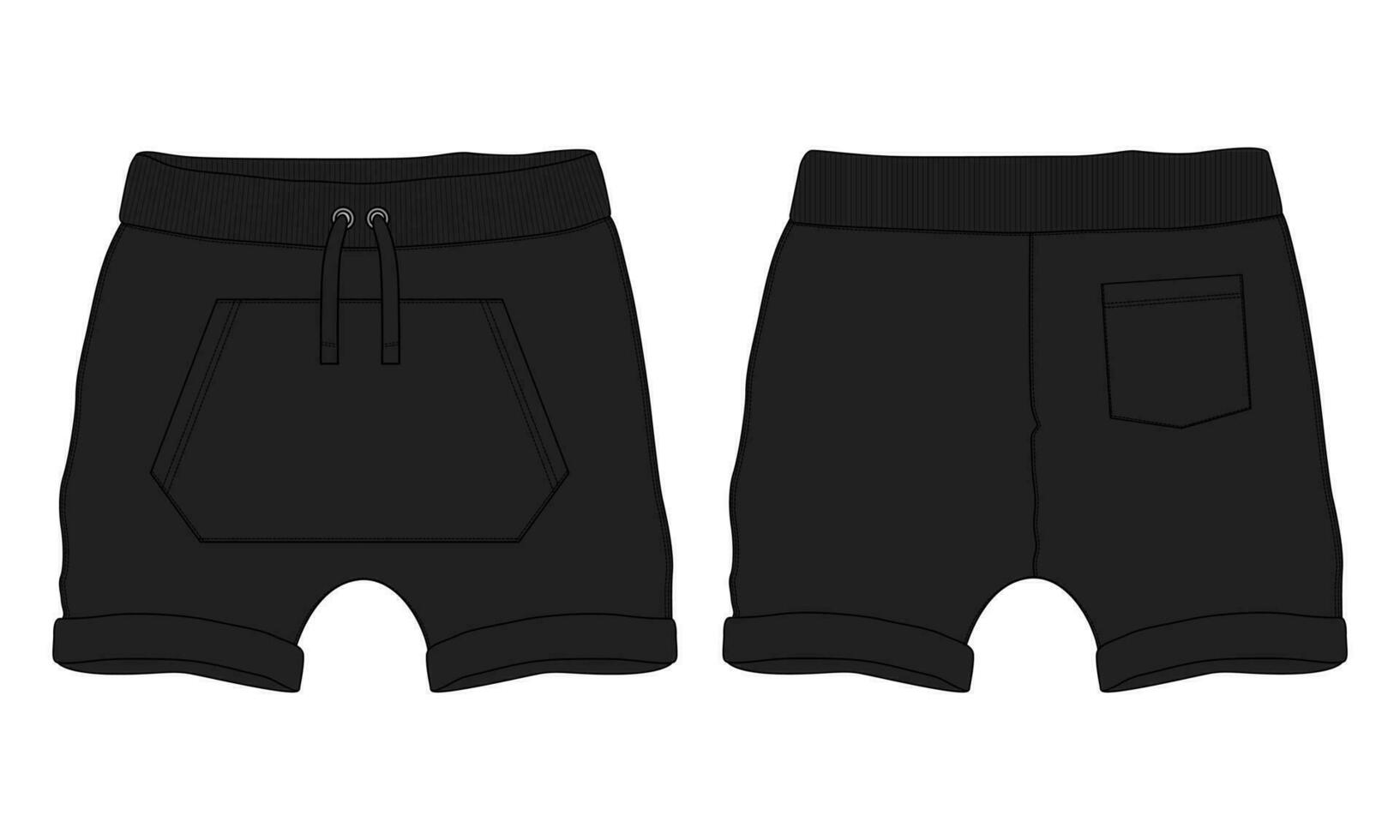 Shorts pant technical fashion flat sketch drawing vector illustration black  color template for baby boys.