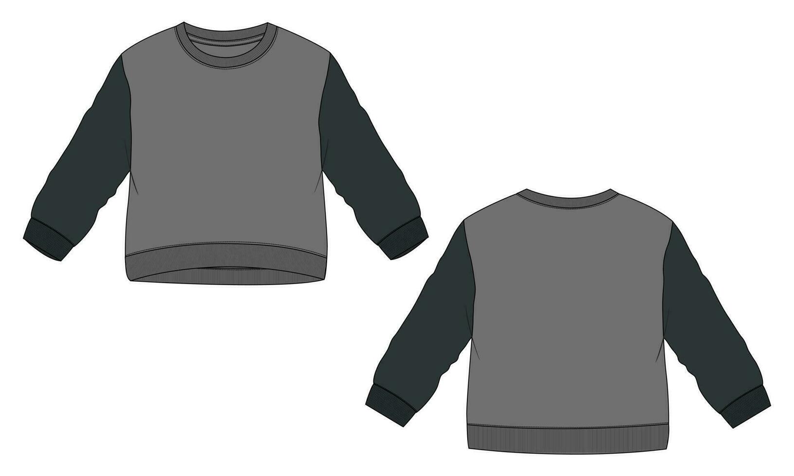 Two tone color Long sleeve sweatshirt Technical drawing fashion flat sketch vector illustration template for kids. Fleece fabric sweater mock up isolated on white background