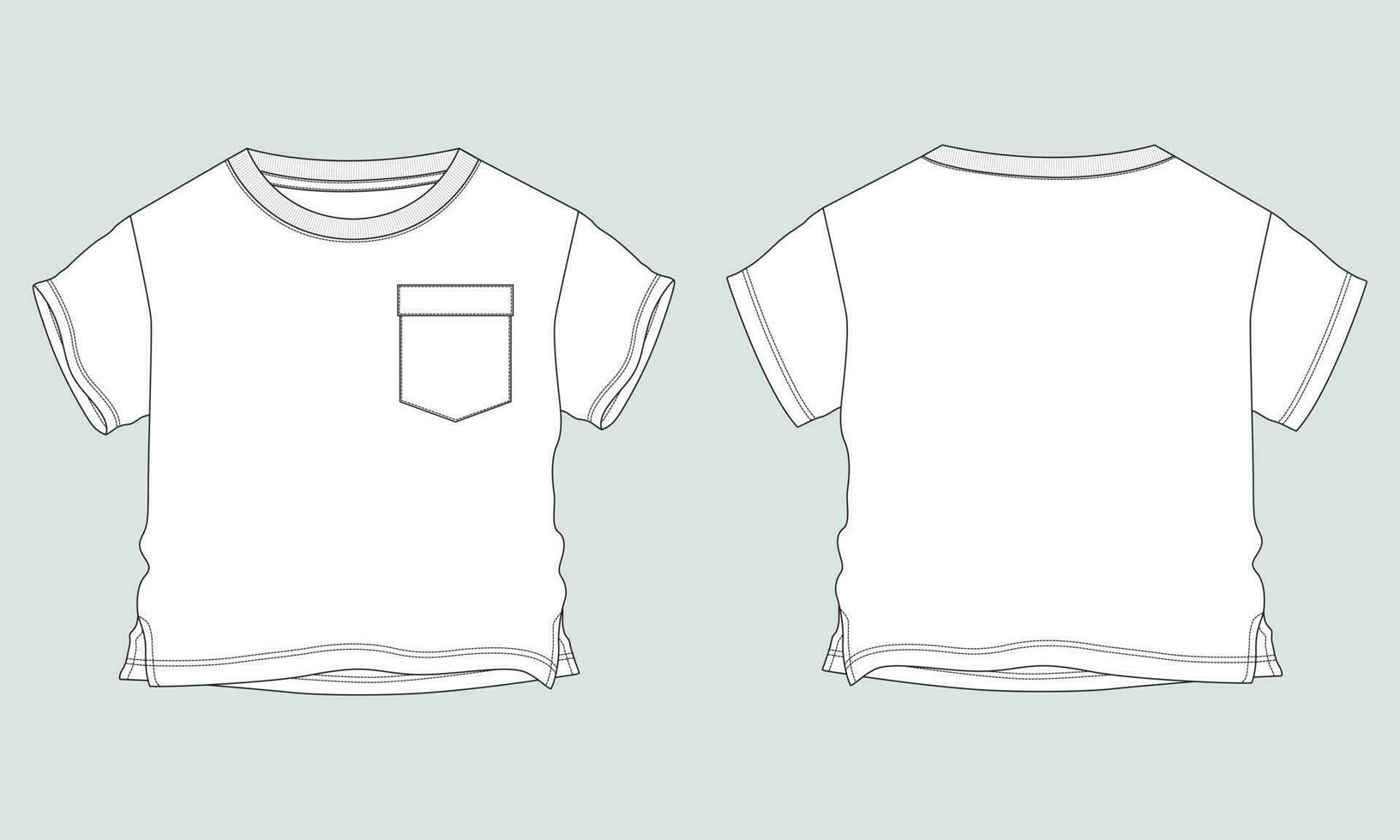 Baby boys t shirt technical drawing fashion flat sketch vector illustration template front and back views. Apparel design mock up for kids isolated on grey background