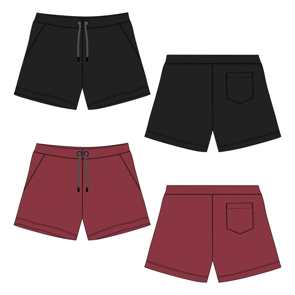 Shorts pant technical fashion flat sketch drawing vector illustration black and red color template for baby boys.