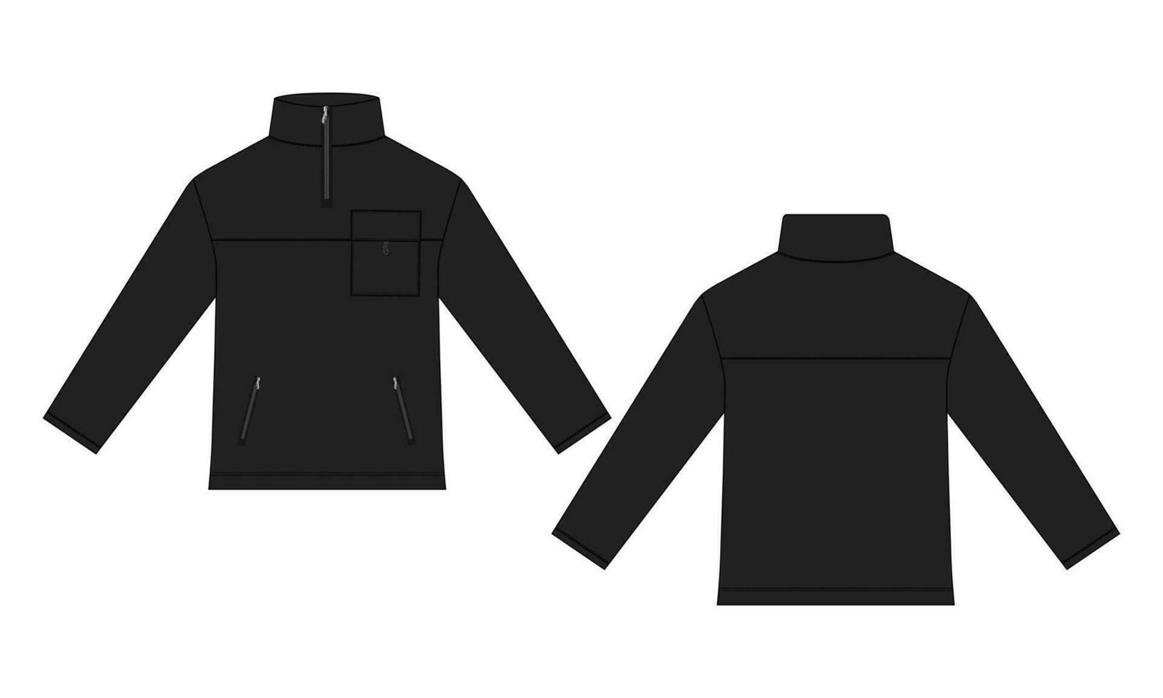 Long sleeve jacket with pocket and zipper technical fashion flat sketch vector illustration Black Color template front and back views. Fleece jersey sweatshirt jacket for men's and boys.