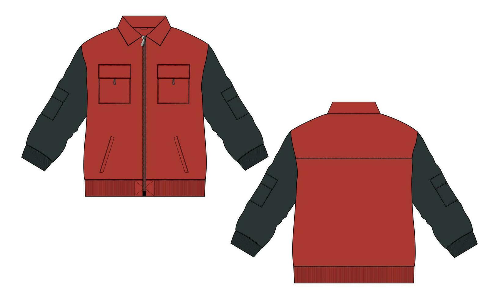 dos tono color largo manga chaqueta con bolsillo y cremallera técnico Moda plano bosquejo vector ilustración modelo frente y espalda puntos de vista. lana jersey camisa de entrenamiento chaqueta para de los hombres y Niños.